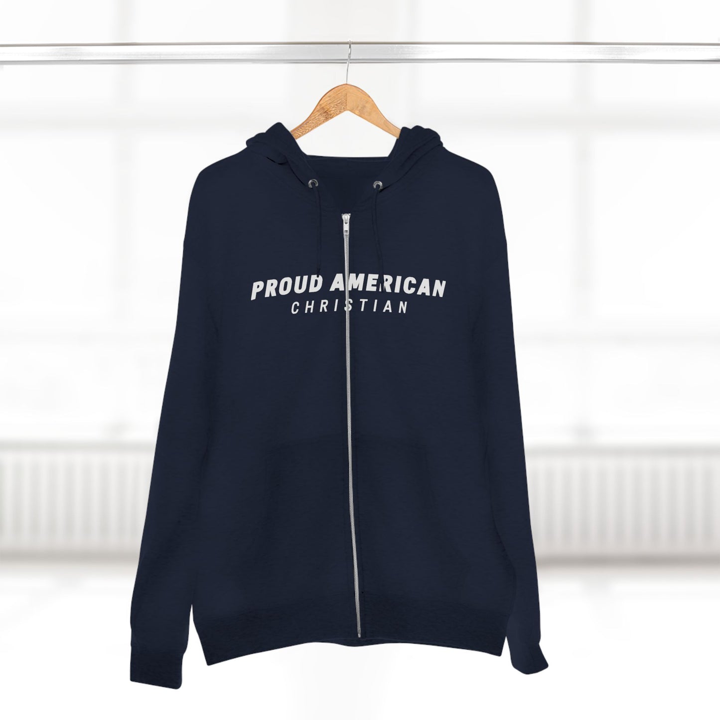 Proud American Christian Zip Hoodie — Distressed Flag Back Print