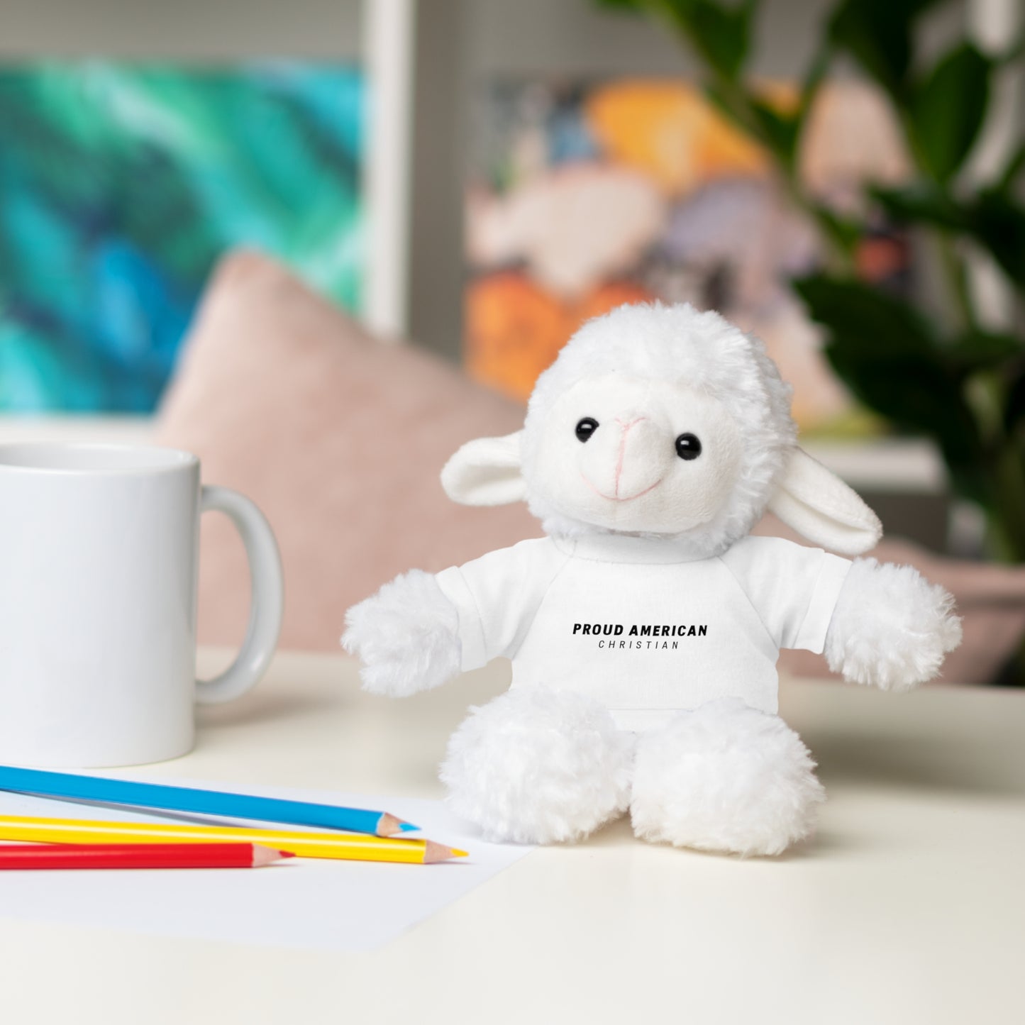Brown Plush Teddy Bear with White Tee — 'Proud American Christian' Stuffed Animal Gift
