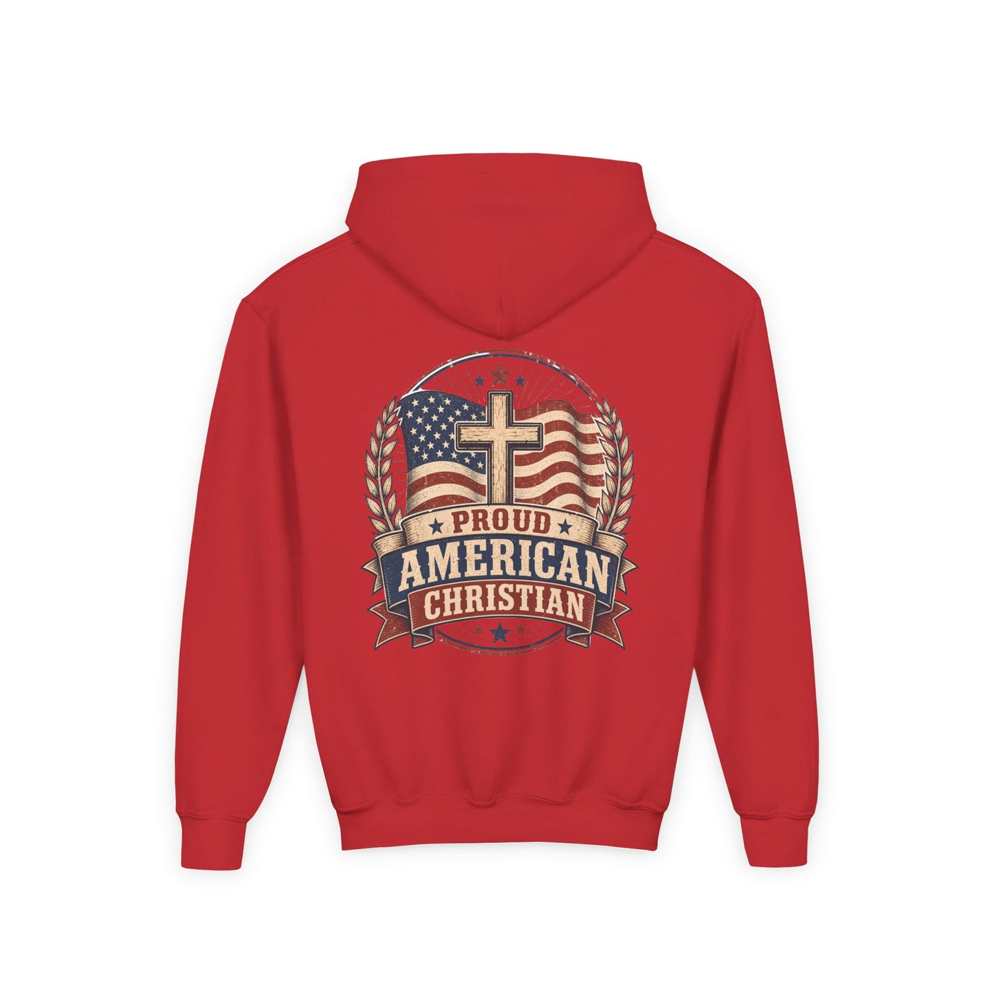 Proud American Christian Hoodie — Youth Patriotic Cross Pullover
