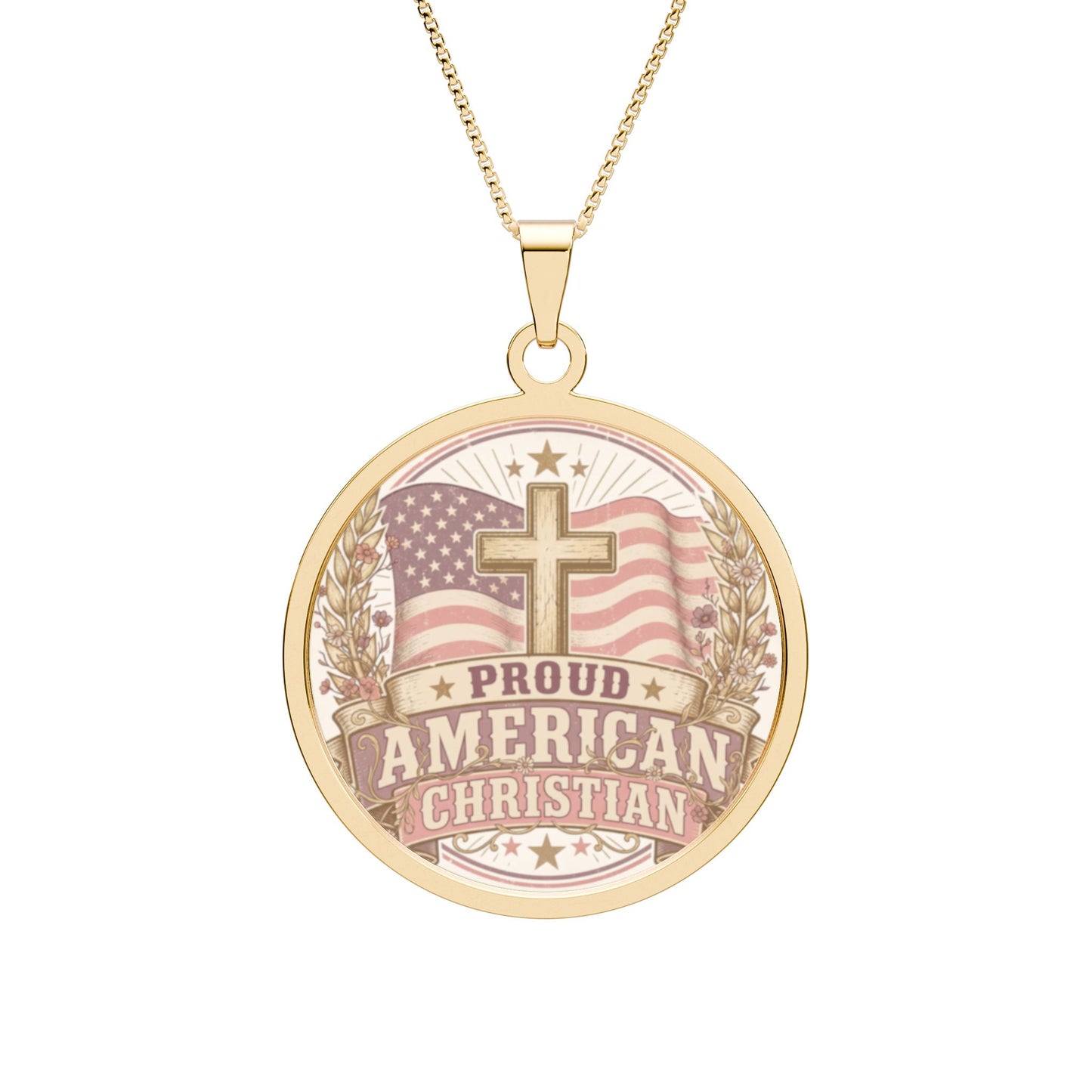 Proudly American Christian Round Pendant | Patriotic Design