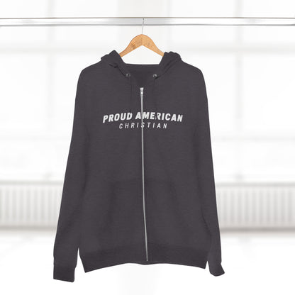 Proud American Christian Zip Hoodie — Distressed Flag Back Print