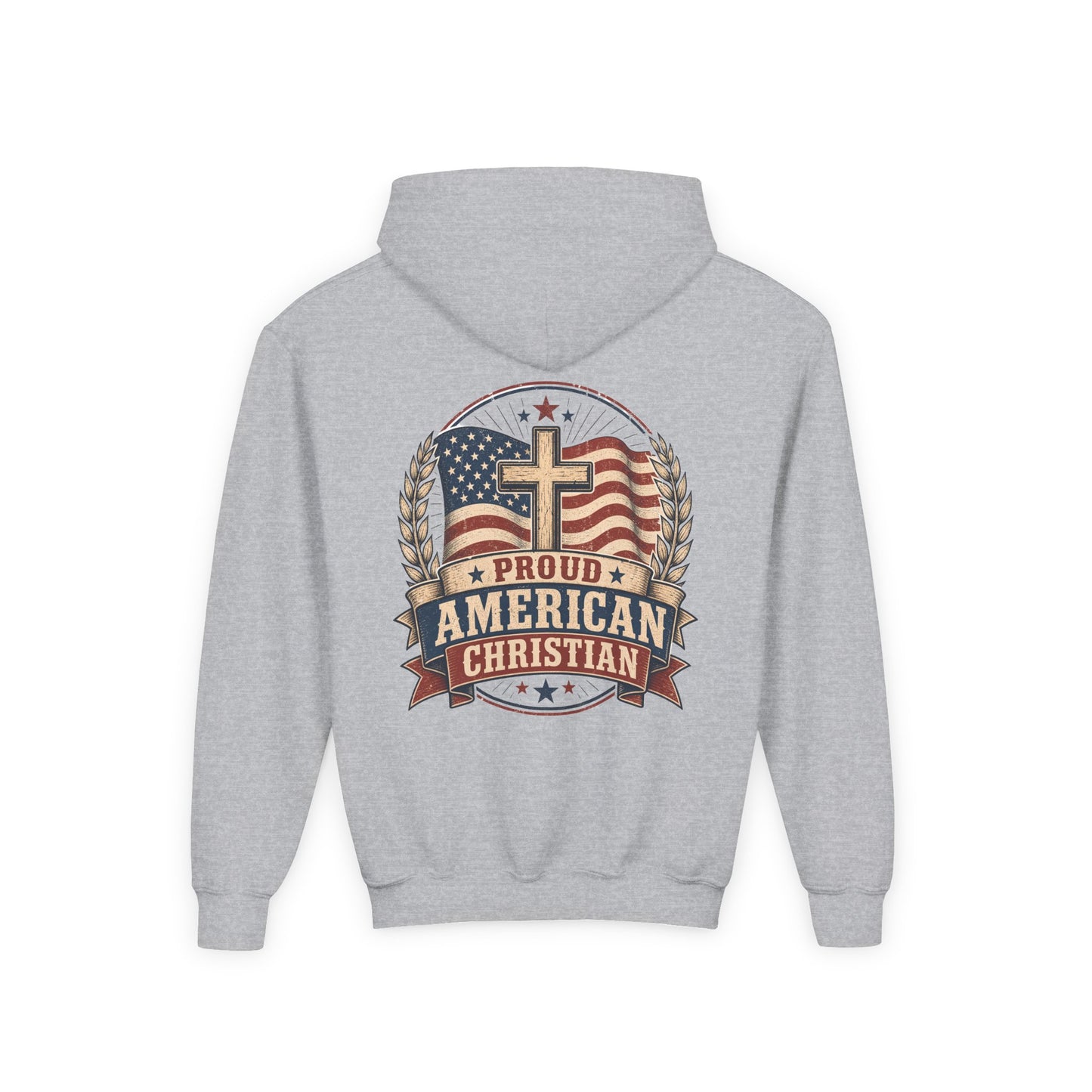 Proud American Christian Hoodie — Youth Patriotic Cross Pullover