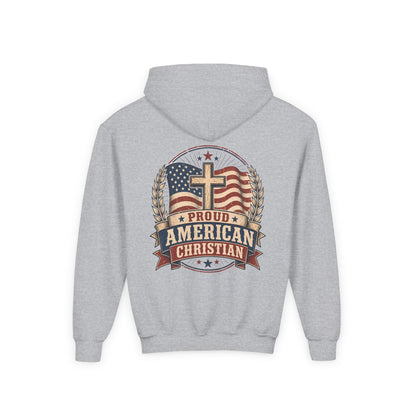 Proud American Christian Hoodie — Youth Patriotic Cross Pullover