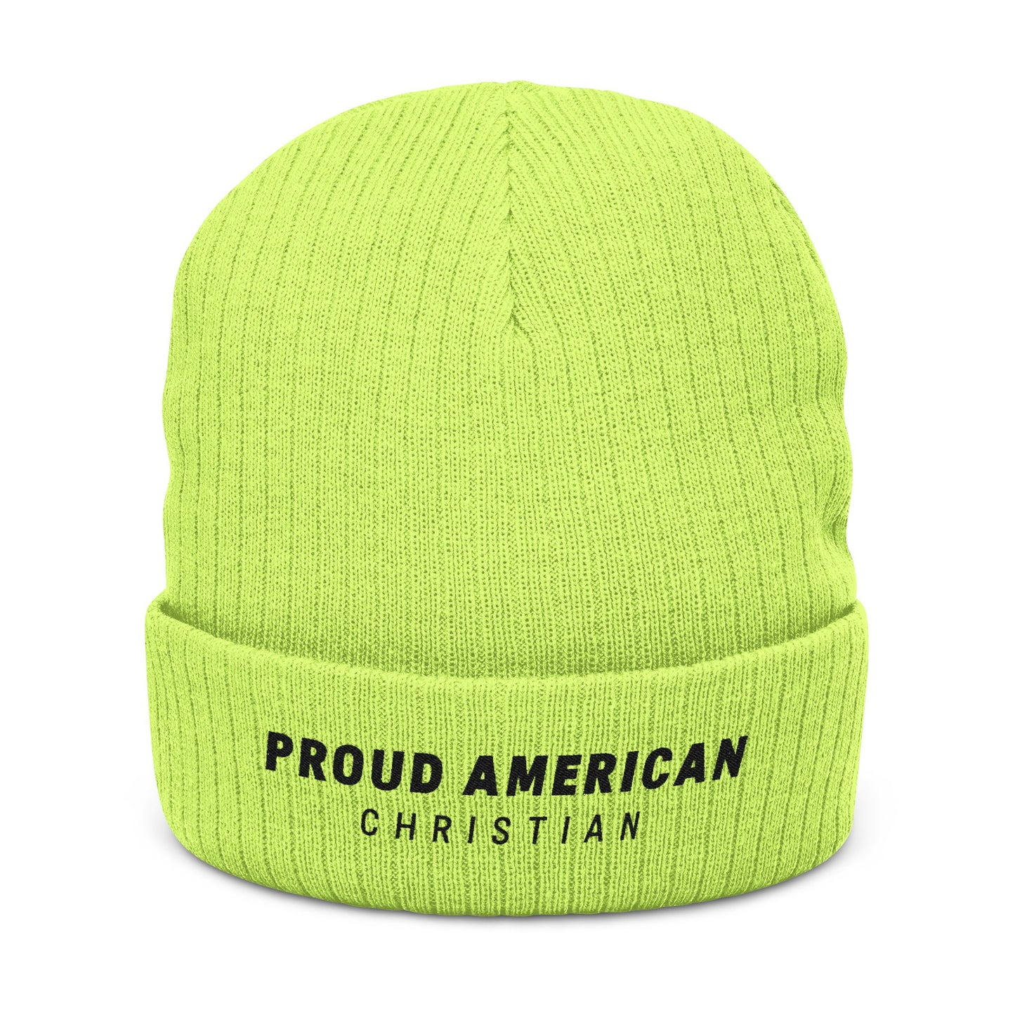 Proud American Christian Ribbed Knit Beanie — Embroidered Cuffed Winter Hat - Light Colors