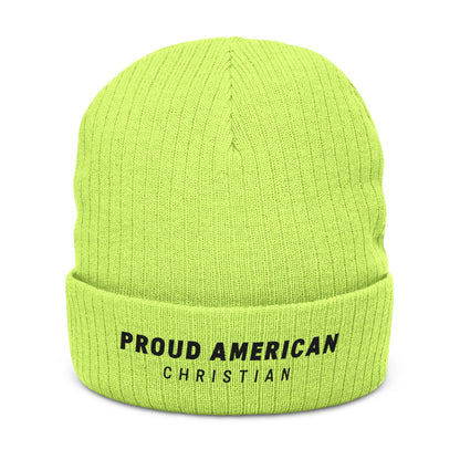 Proud American Christian Ribbed Knit Beanie — Embroidered Cuffed Winter Hat - Light Colors