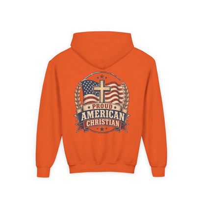 Proud American Christian Hoodie — Youth Patriotic Cross Pullover