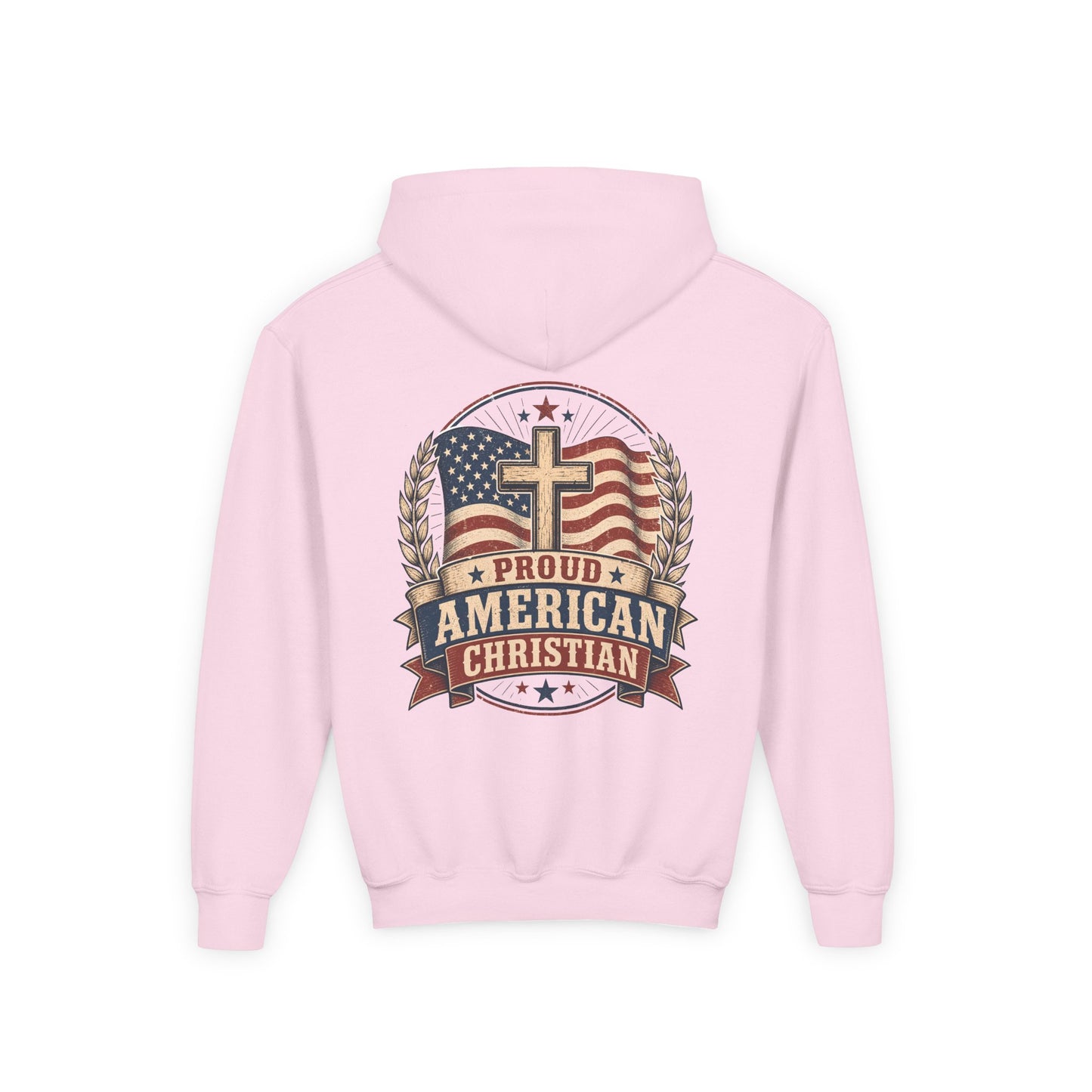 Proud American Christian Hoodie — Youth Patriotic Cross Pullover
