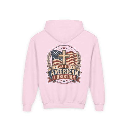 Proud American Christian Hoodie — Youth Patriotic Cross Pullover