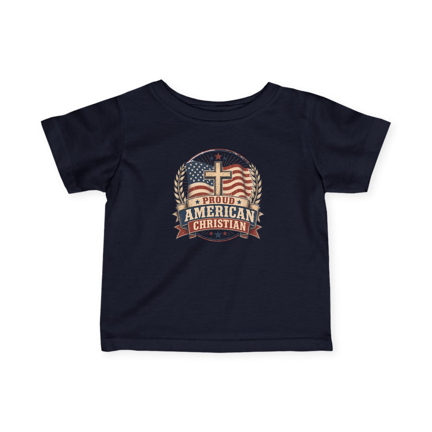 Infant Tee — "Proud American Christian" Cross & Flag Baby Shirt