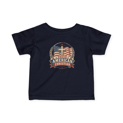 Infant Tee — "Proud American Christian" Cross & Flag Baby Shirt