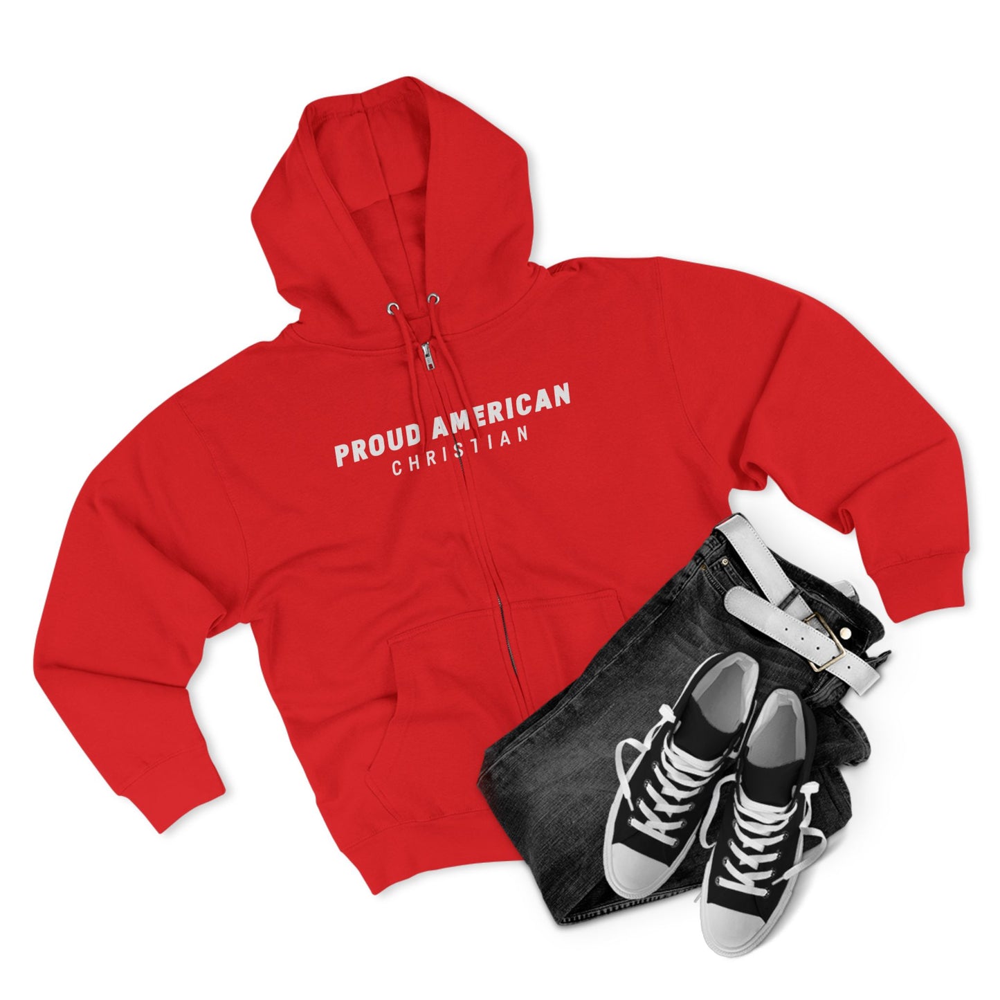 Proud American Christian Zip Hoodie — Distressed Flag Back Print