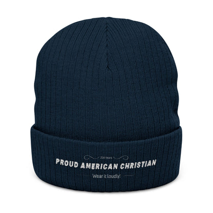 Embroidered 'Proud American Christian' Ribbed Knit Beanie