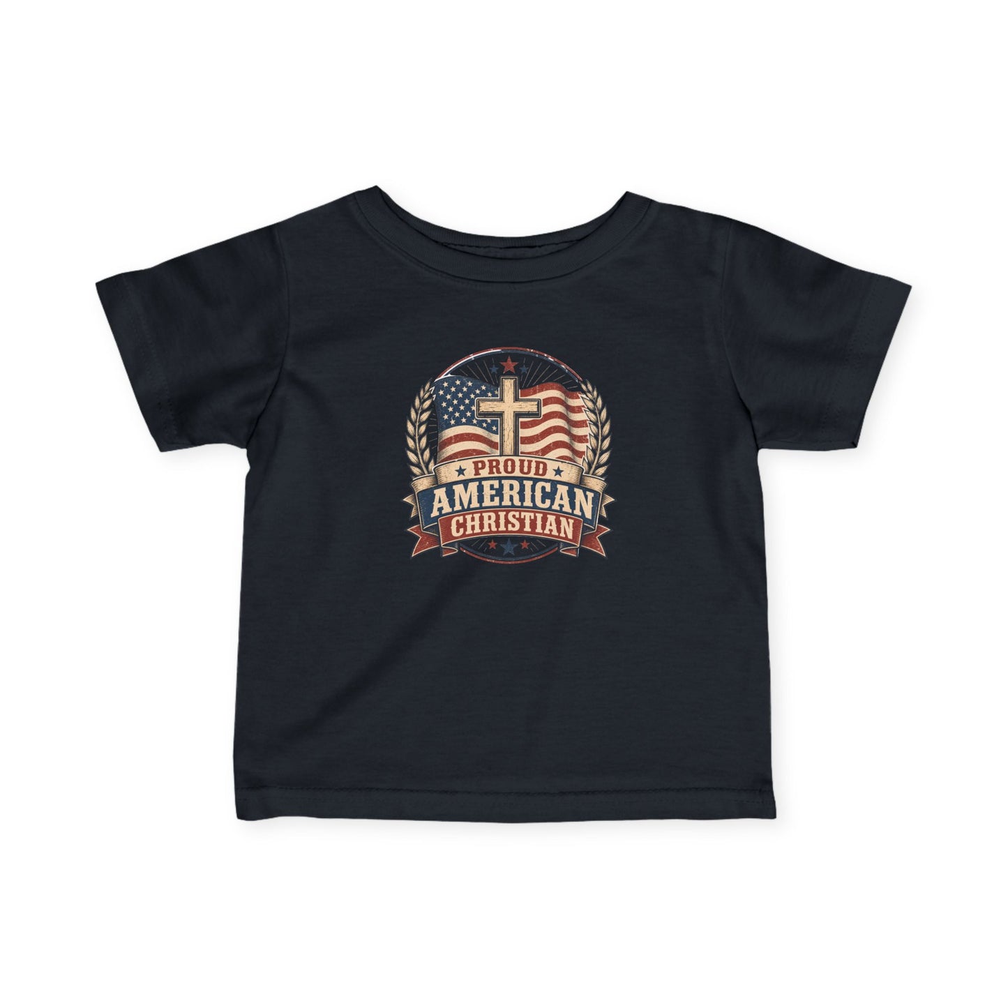 Infant Tee — "Proud American Christian" Cross & Flag Baby Shirt
