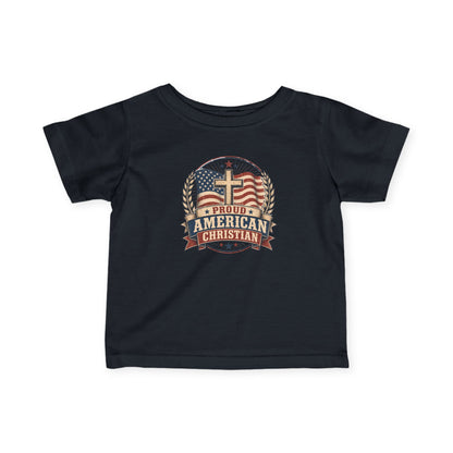 Infant Tee — "Proud American Christian" Cross & Flag Baby Shirt