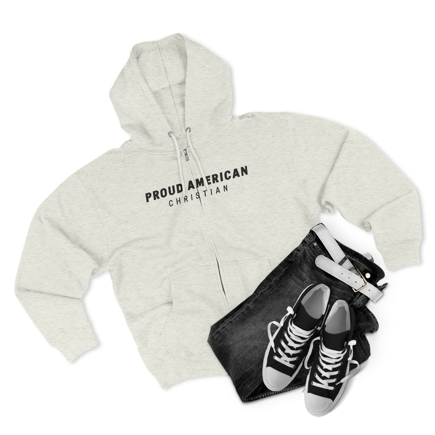 Proud American Christian Zip Hoodie — Distressed Flag Back Print