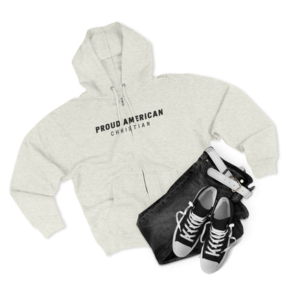 Proud American Christian Zip Hoodie — Distressed Flag Back Print