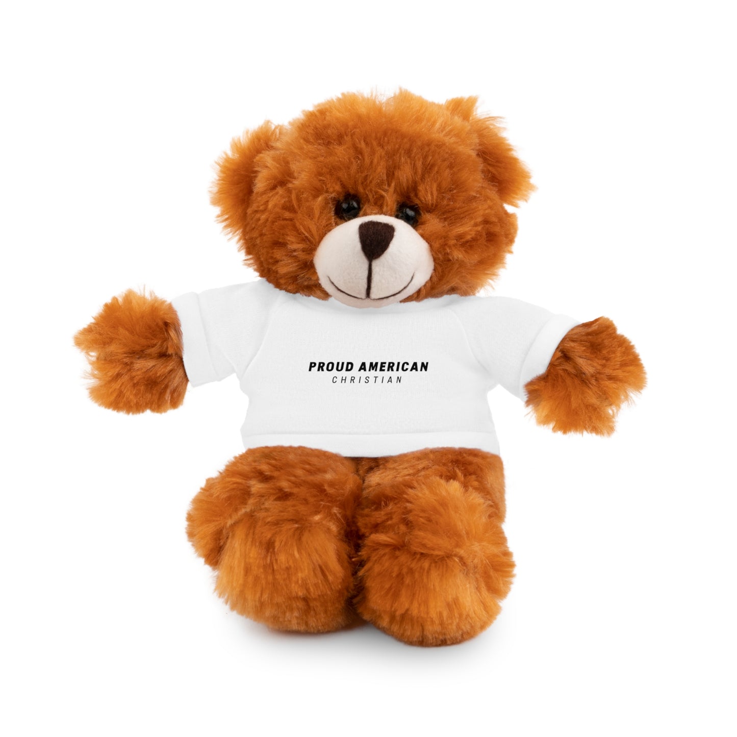 Brown Plush Teddy Bear with White Tee — 'Proud American Christian' Stuffed Animal Gift