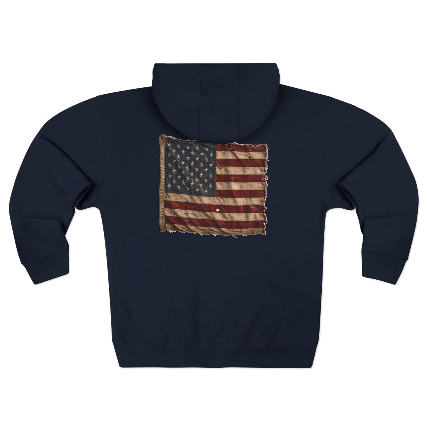 Proud American Christian Zip Hoodie — Distressed Flag Back Print