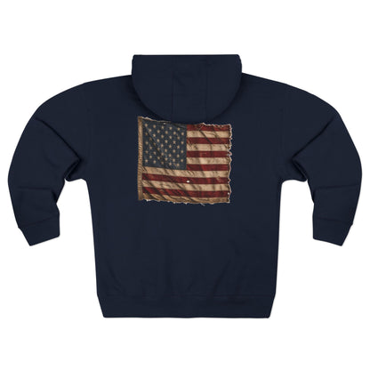Proud American Christian Zip Hoodie — Distressed Flag Back Print