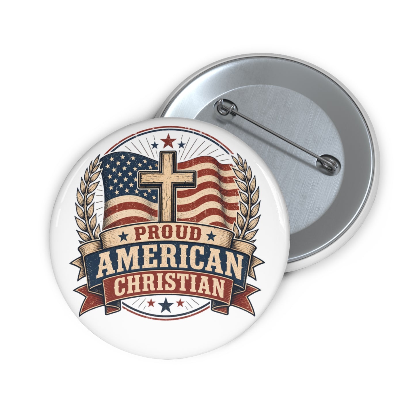 Proud American Christian Pin Button — Flag & Cross Faith Badge