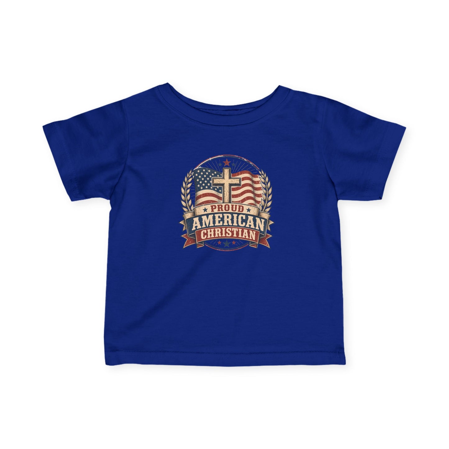 Infant Tee — "Proud American Christian" Cross & Flag Baby Shirt