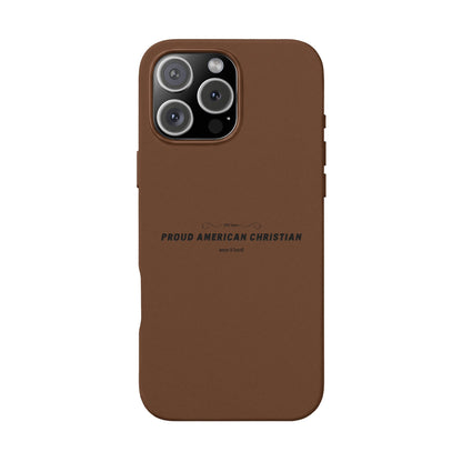 Engraved PU Leather Phone Case — "Proud American Christian" Minimalist Protective Cover