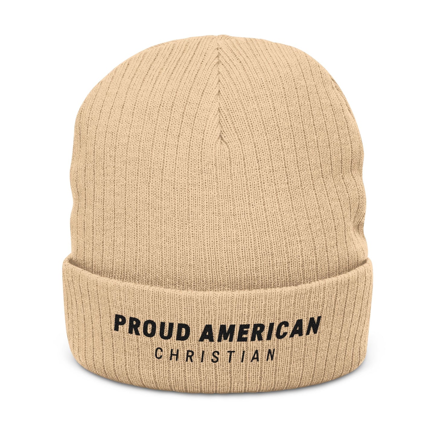 Proud American Christian Ribbed Knit Beanie — Embroidered Cuffed Winter Hat - Light Colors