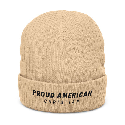 Proud American Christian Ribbed Knit Beanie — Embroidered Cuffed Winter Hat - Light Colors