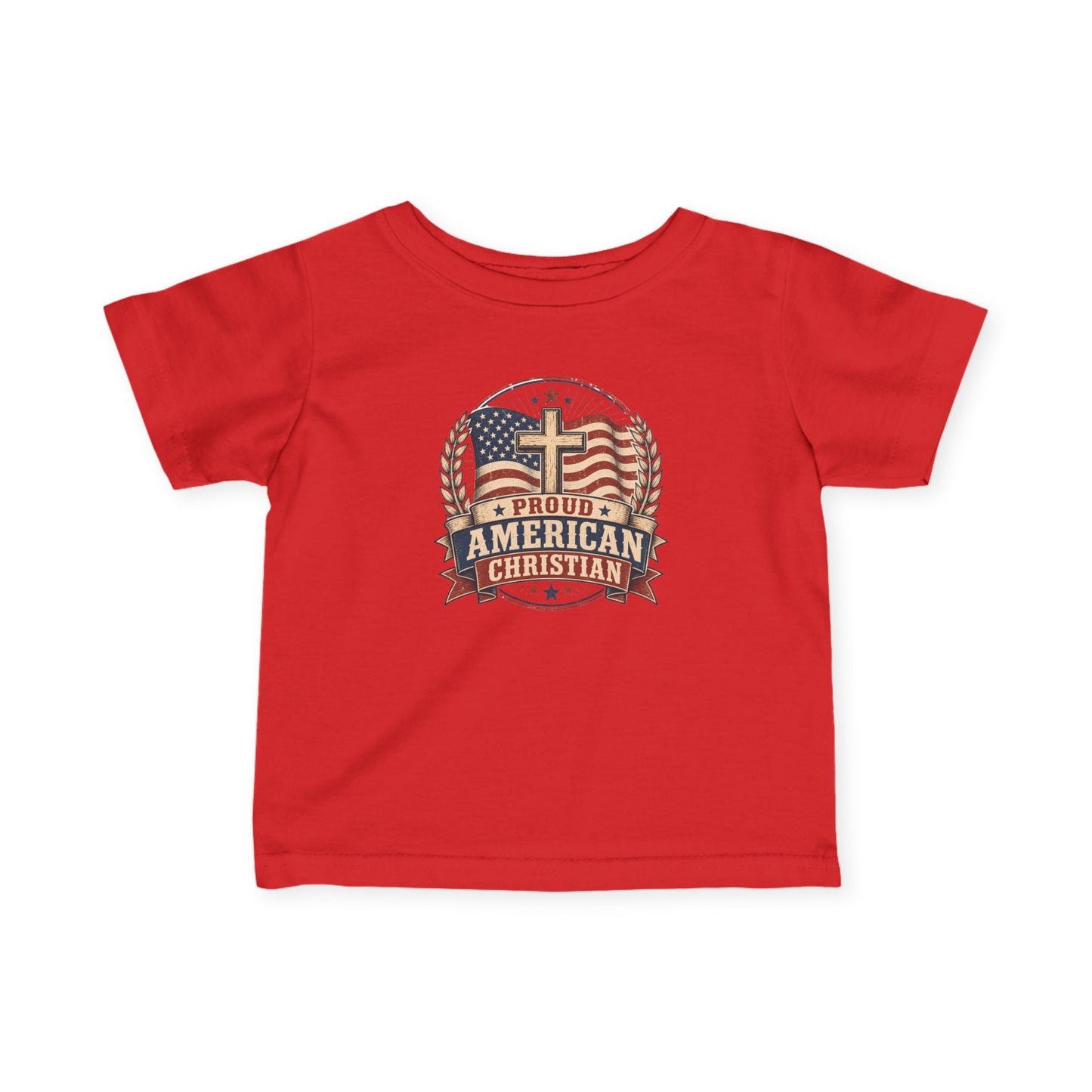 Infant Tee — "Proud American Christian" Cross & Flag Baby Shirt