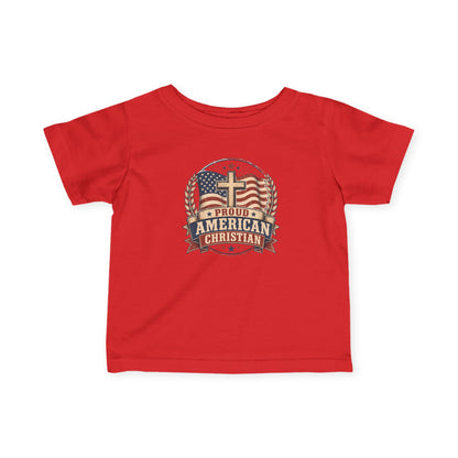 Infant Tee — "Proud American Christian" Cross & Flag Baby Shirt