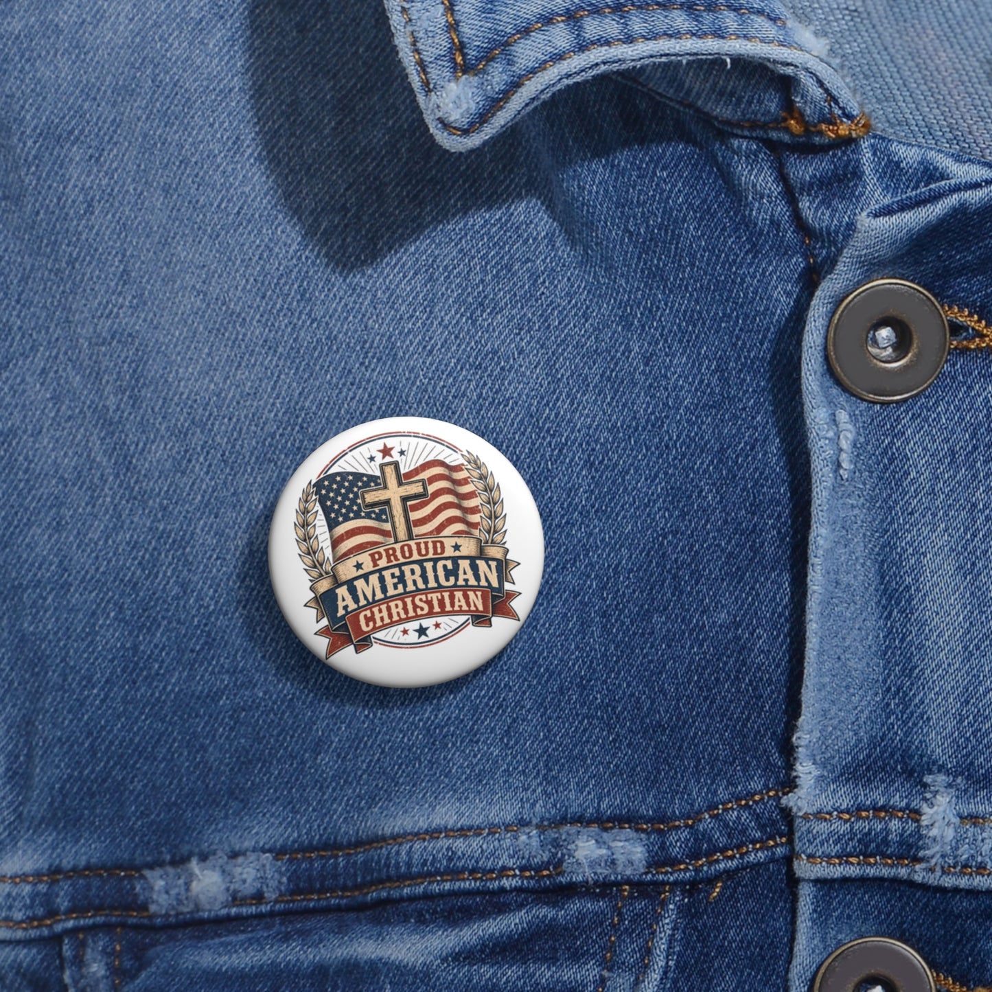 Proud American Christian Pin Button — Flag & Cross Faith Badge