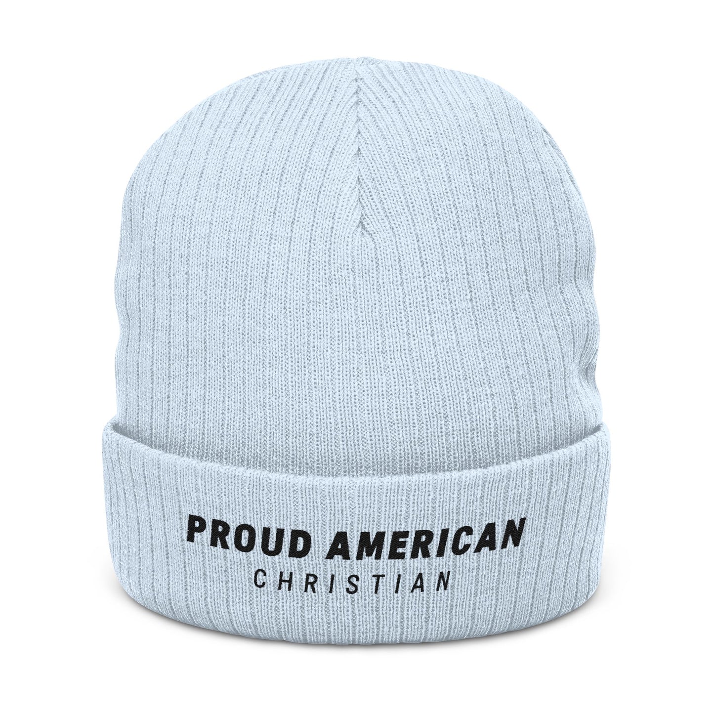 Proud American Christian Ribbed Knit Beanie — Embroidered Cuffed Winter Hat - Light Colors