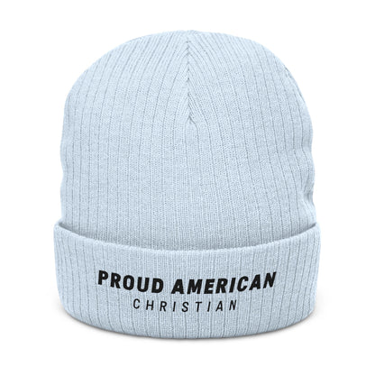 Proud American Christian Ribbed Knit Beanie — Embroidered Cuffed Winter Hat - Light Colors