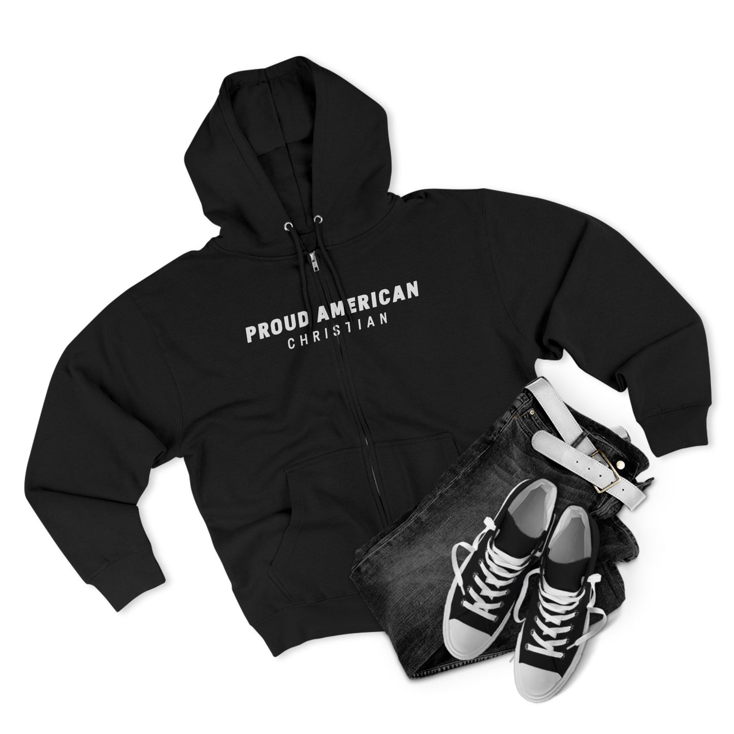 Proud American Christian Zip Hoodie — Distressed Flag Back Print
