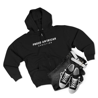Proud American Christian Zip Hoodie — Distressed Flag Back Print