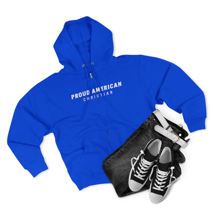 Proud American Christian Zip Hoodie — Distressed Flag Back Print