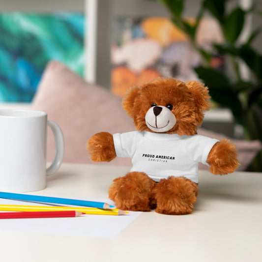 Brown Plush Teddy Bear with White Tee — 'Proud American Christian' Stuffed Animal Gift