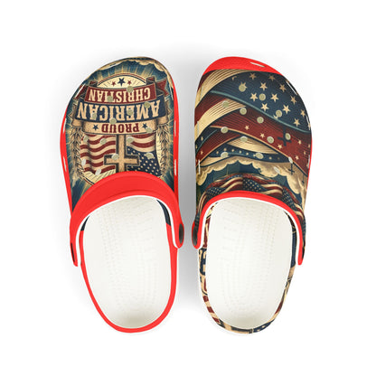Kids Patriotic American Flag Clogs — "Proud American" EVA Foam Slides