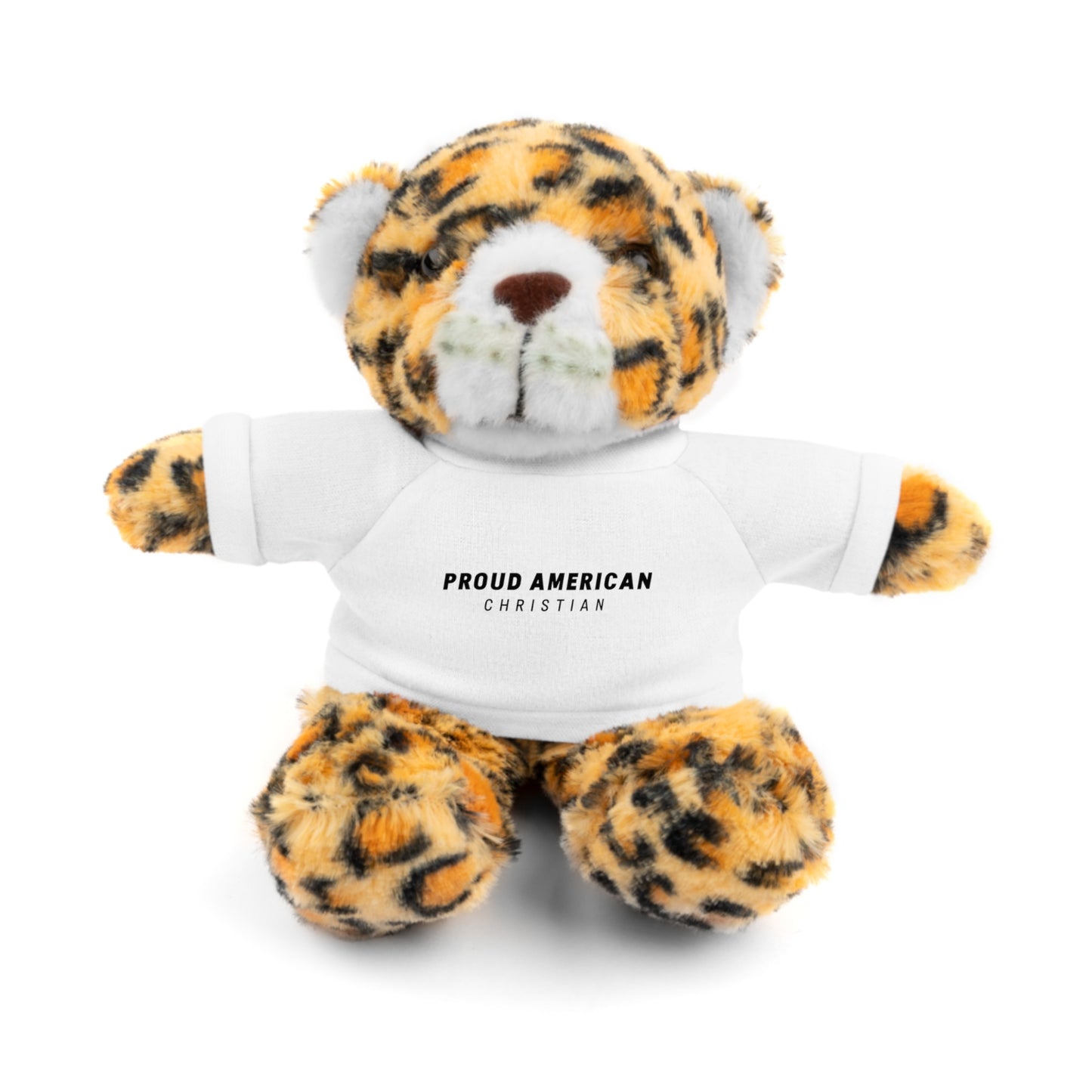 Brown Plush Teddy Bear with White Tee — 'Proud American Christian' Stuffed Animal Gift