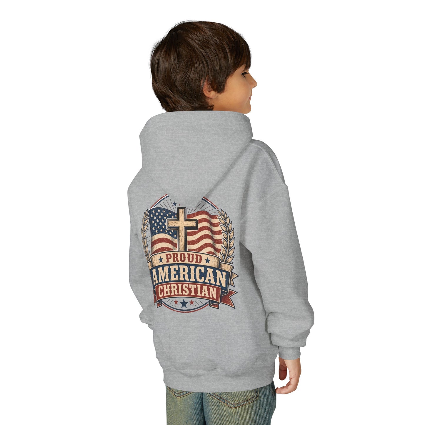 Proud American Christian Hoodie — Youth Patriotic Cross Pullover