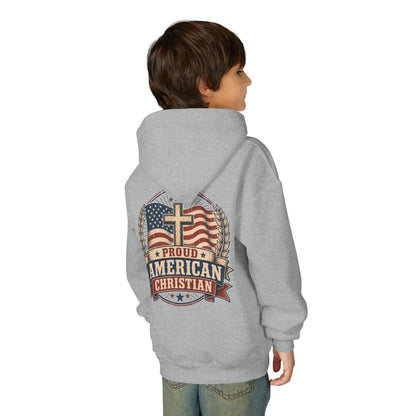 Proud American Christian Hoodie — Youth Patriotic Cross Pullover