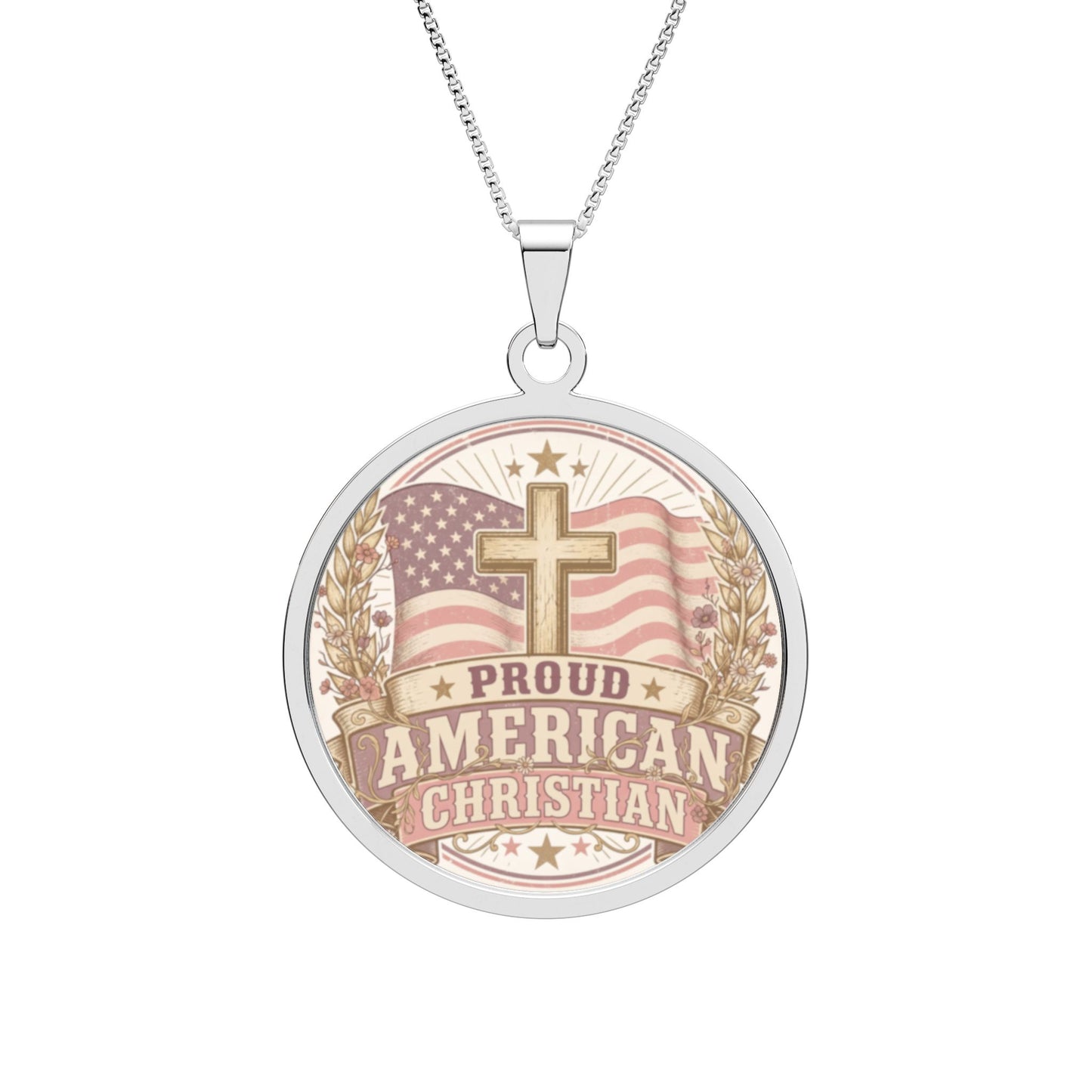 Proudly American Christian Round Pendant | Patriotic Design