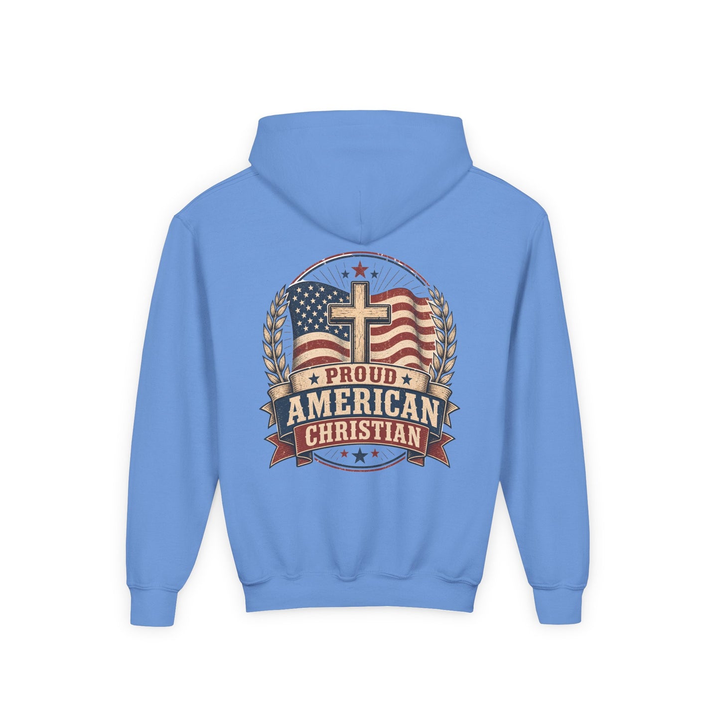 Proud American Christian Hoodie — Youth Patriotic Cross Pullover