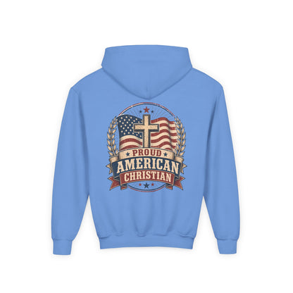 Proud American Christian Hoodie — Youth Patriotic Cross Pullover