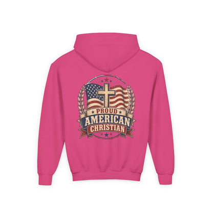 Proud American Christian Hoodie — Youth Patriotic Cross Pullover