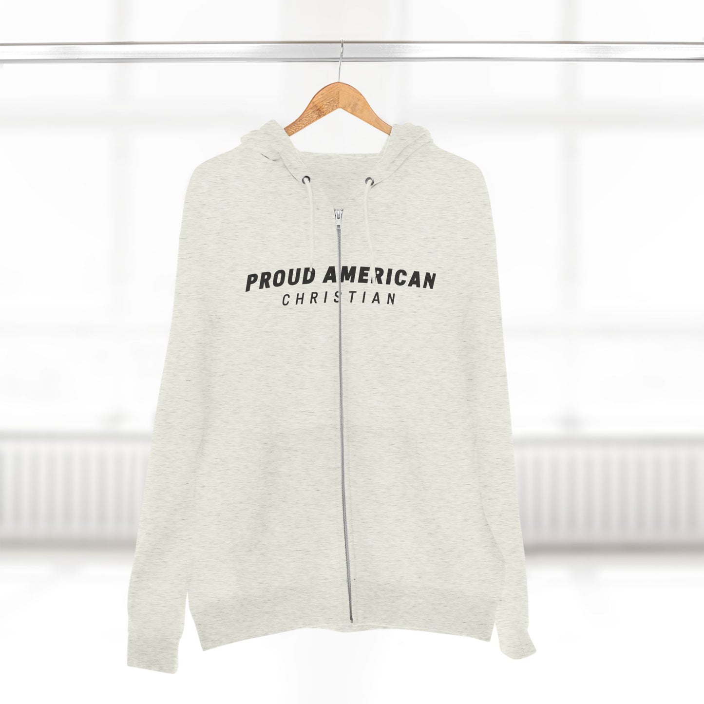 Proud American Christian Zip Hoodie — Distressed Flag Back Print