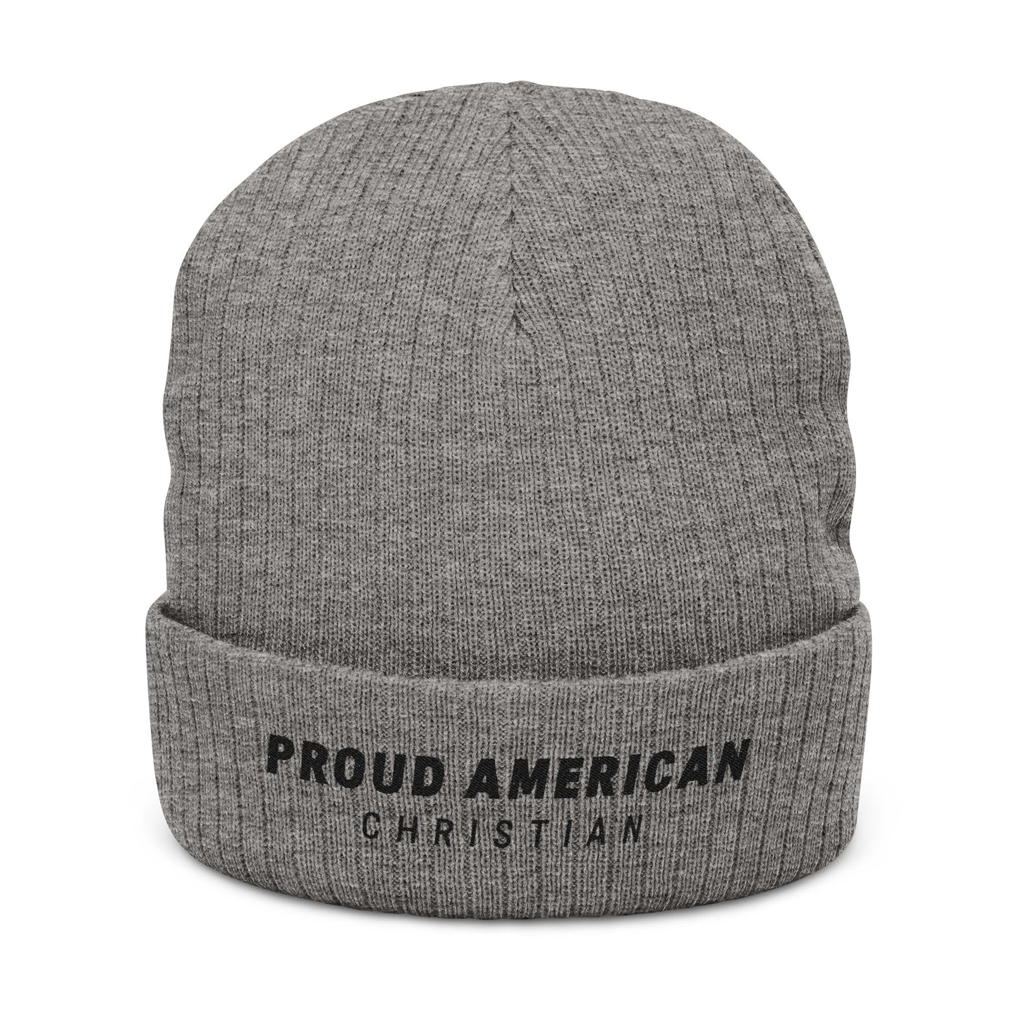 Proud American Christian Ribbed Knit Beanie — Embroidered Cuffed Winter Hat - Light Colors