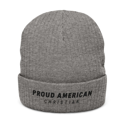 Proud American Christian Ribbed Knit Beanie — Embroidered Cuffed Winter Hat - Light Colors