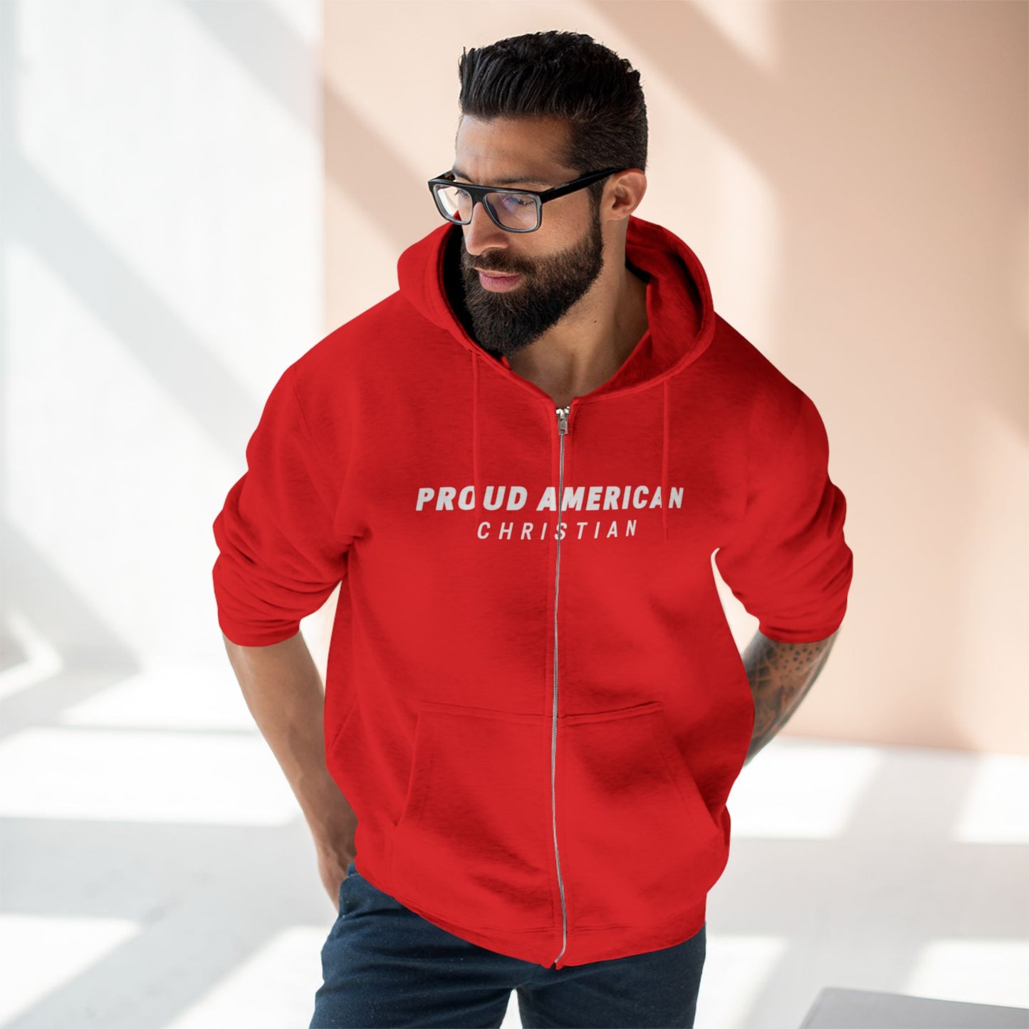 Proud American Christian Zip Hoodie — Distressed Flag Back Print