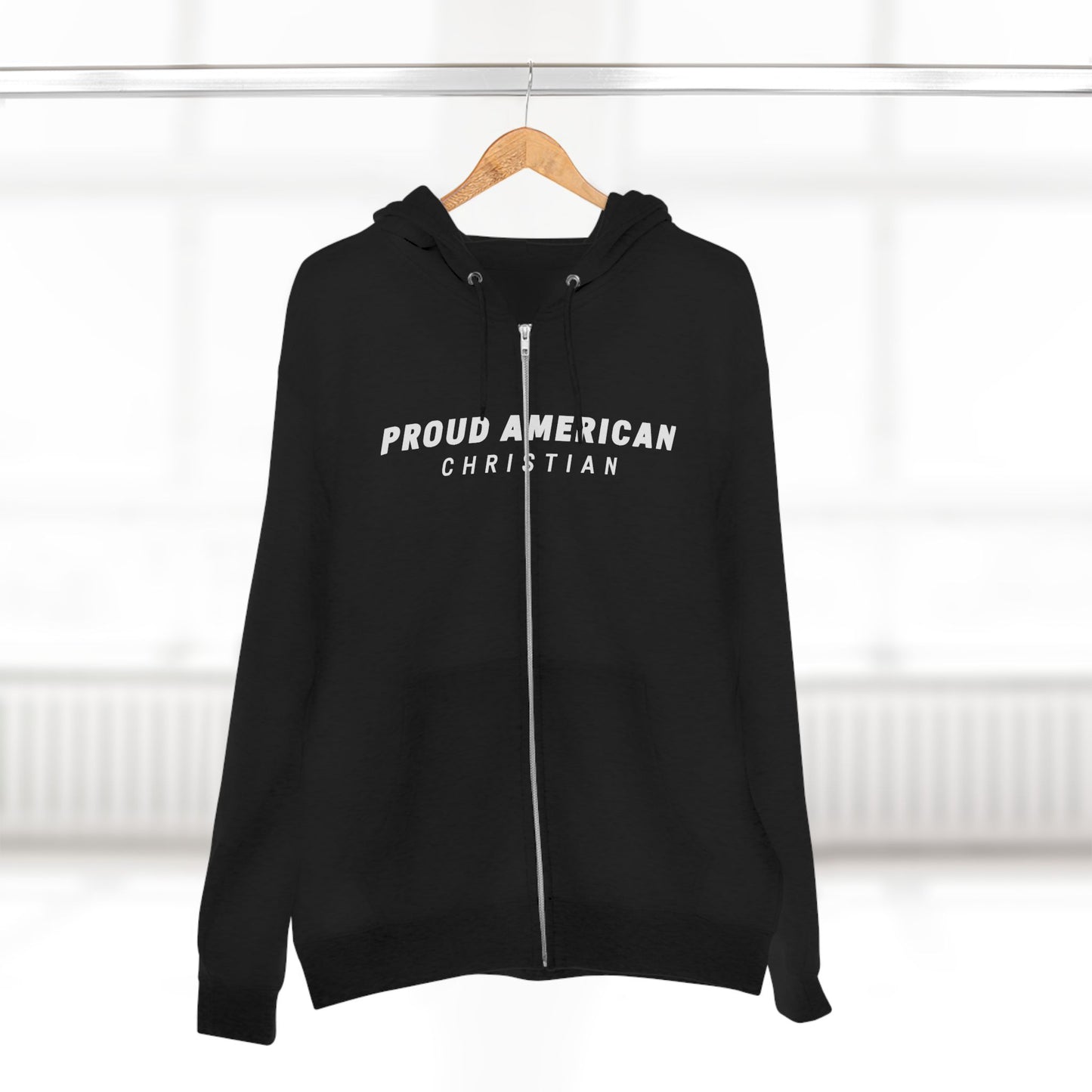 Proud American Christian Zip Hoodie — Distressed Flag Back Print